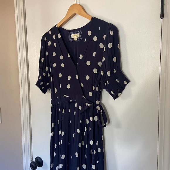 Anthropologie Maeve Polka Dot Wrap Dress Midi High-Low Puff Sleeve Navy Blue 8 - Picture 6 of 10
